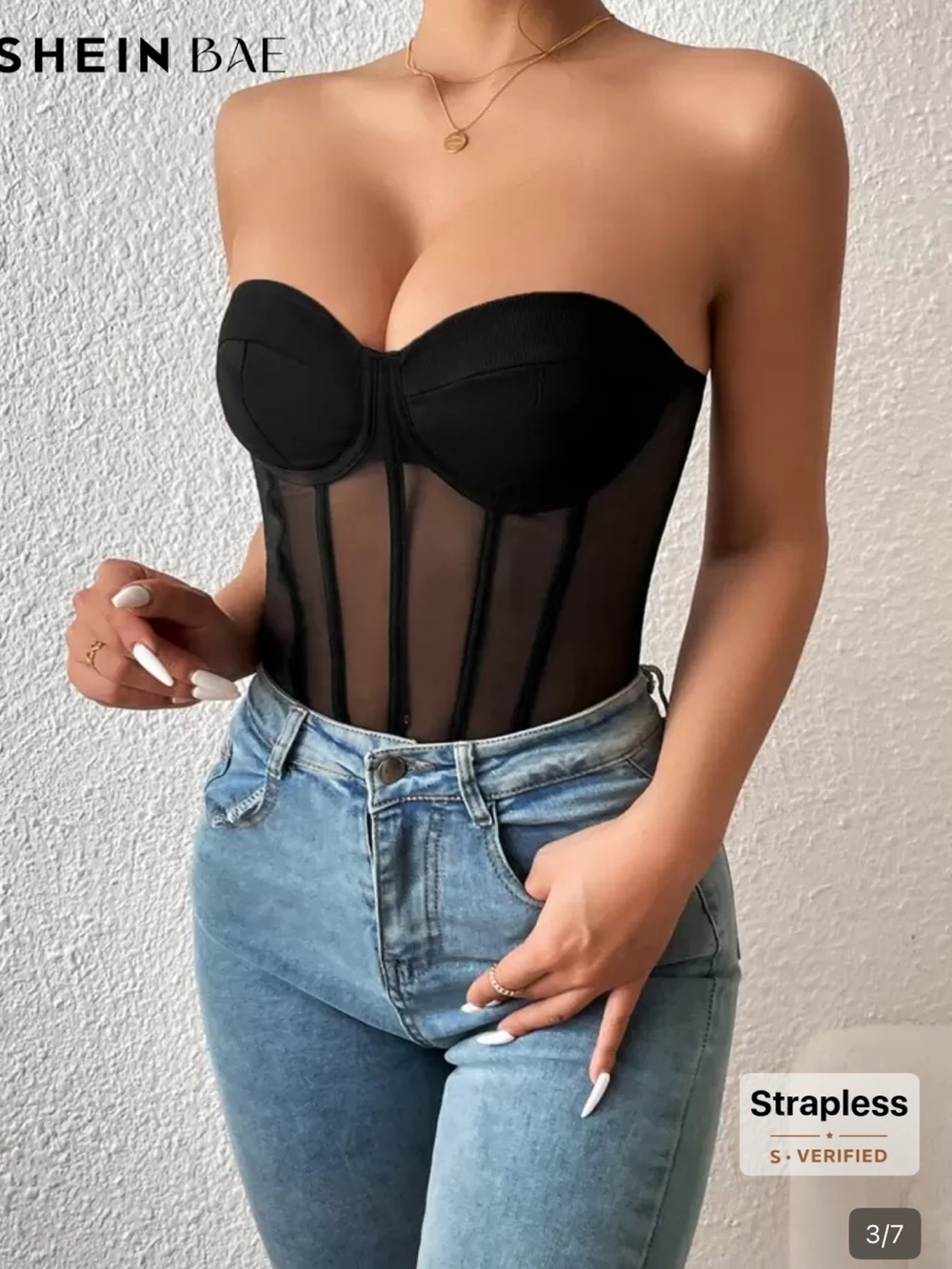 SHEIN Black Strapless Mesh Corset Bodysuit